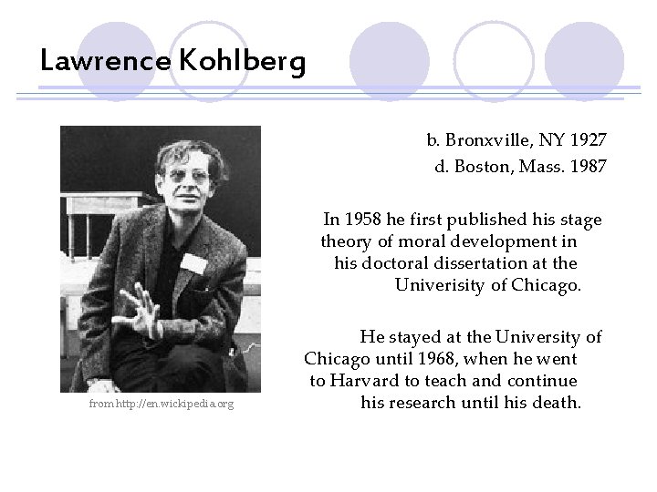 Lawrence Kohlberg b. Bronxville, NY 1927 d. Boston, Mass. 1987 In 1958 he first