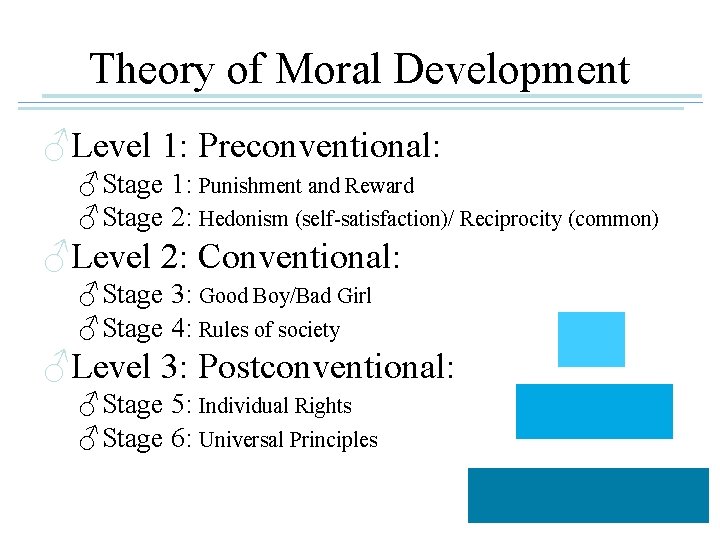 Theory of Moral Development ♂Level 1: Preconventional: ♂ Stage 1: Punishment and Reward ♂