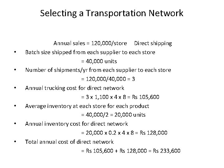 Selecting a Transportation Network • • • Annual sales = 120, 000/store Direct shipping