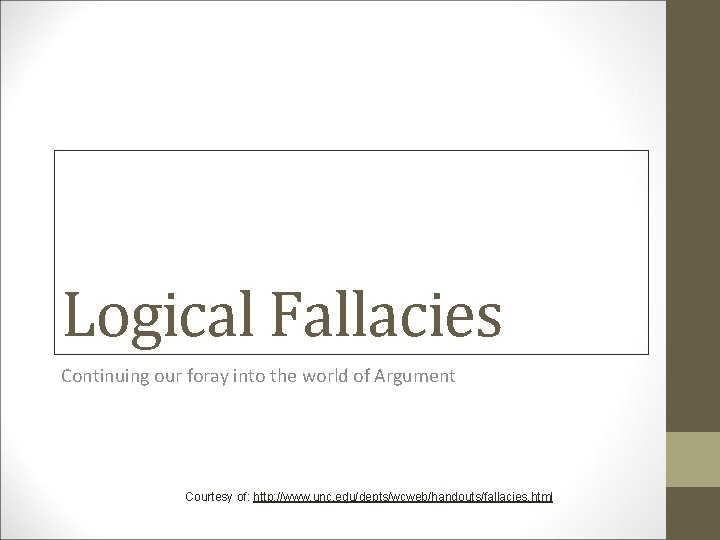 Logical Fallacies Continuing our foray into the world of Argument Courtesy of: http: //www.