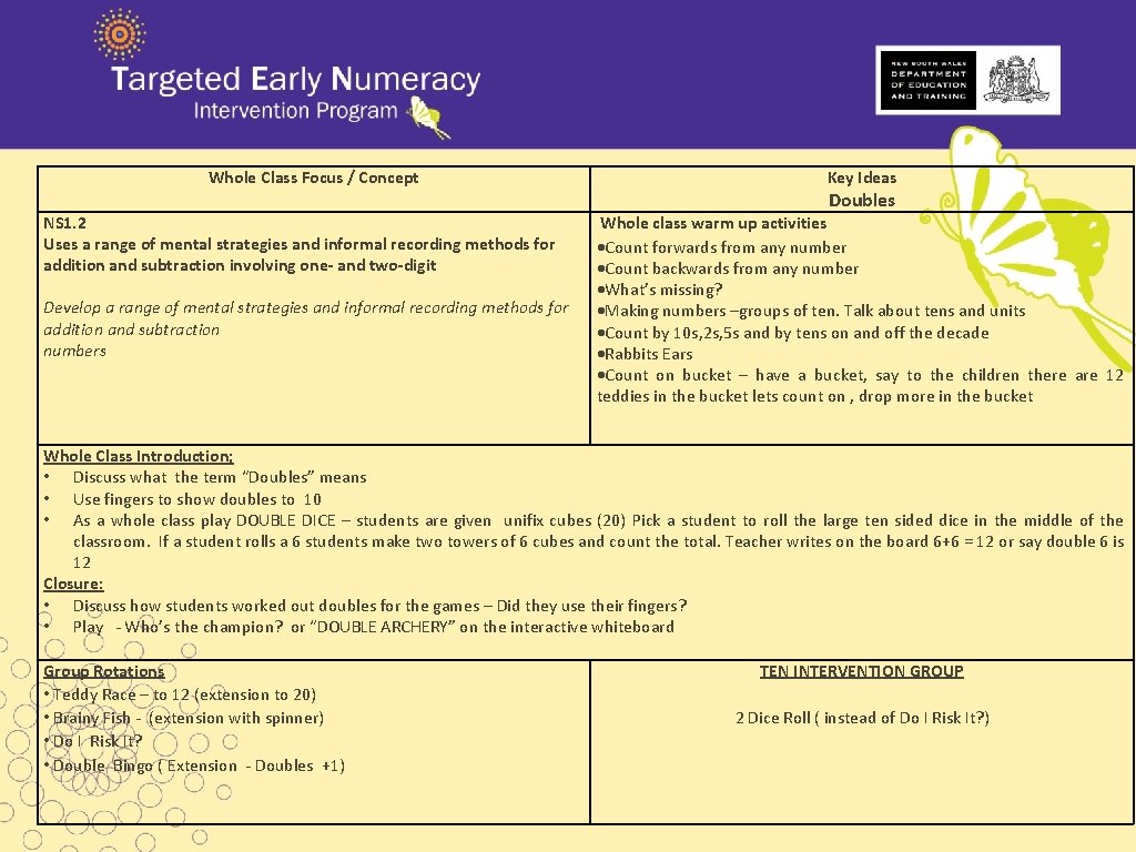 Whole Class Focus / Concept NS 1. 2 Uses a range of mental strategies