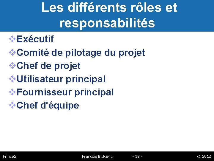 Les différents rôles et responsabilités Exécutif Comité de pilotage du projet Chef de projet
