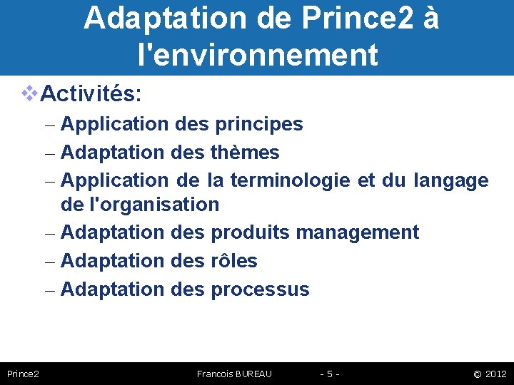 Adaptation de Prince 2 à l'environnement Activités: – Application des principes – Adaptation des