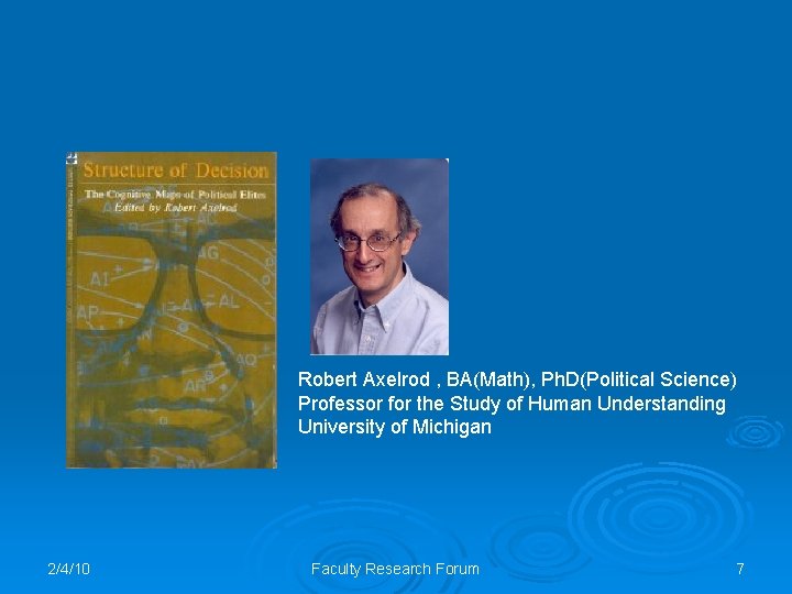 Robert Axelrod , BA(Math), Ph. D(Political Science) Professor for the Study of Human Understanding