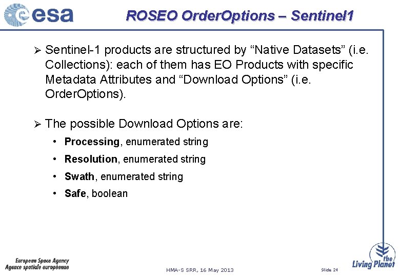ROSEO Order. Options – Sentinel 1 Ø Sentinel-1 products are structured by “Native Datasets”