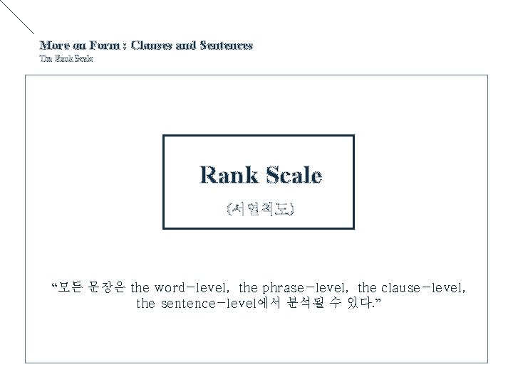 More on Form : Clauses and Sentences The Rank Scale (서열척도) “모든 문장은 the