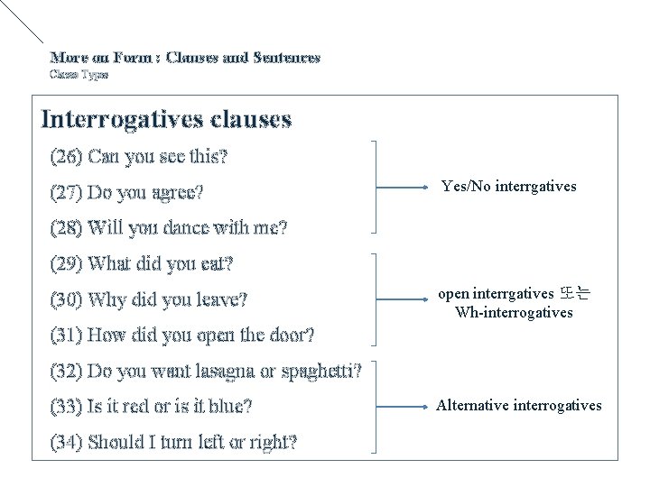 More on Form : Clauses and Sentences Clause Types Interrogatives clauses (26) Can you