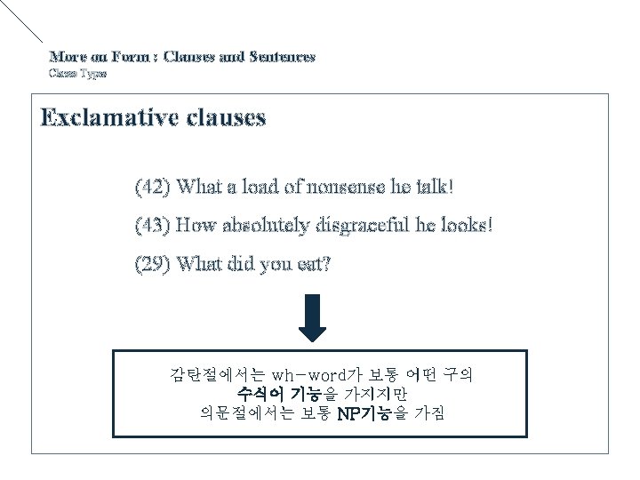 More on Form : Clauses and Sentences Clause Types Exclamative clauses (42) What a