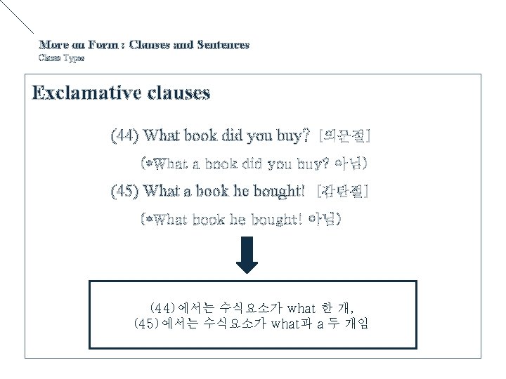 More on Form : Clauses and Sentences Clause Types Exclamative clauses (44) What book