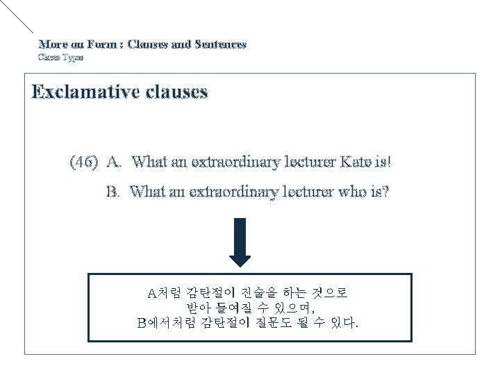 More on Form : Clauses and Sentences Clause Types Exclamative clauses (46) A. What