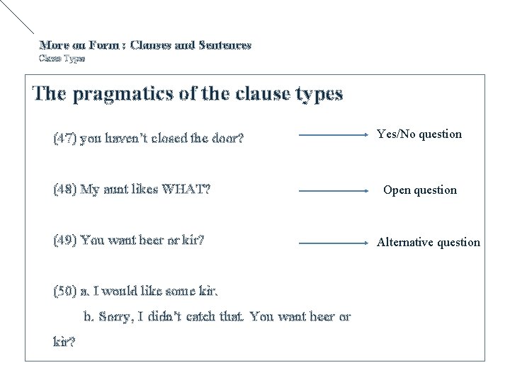 More on Form : Clauses and Sentences Clause Types The pragmatics of the clause