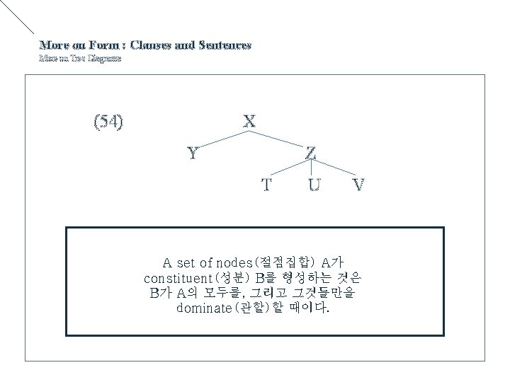 More on Form : Clauses and Sentences More on Tree Diagrams (54) X Y