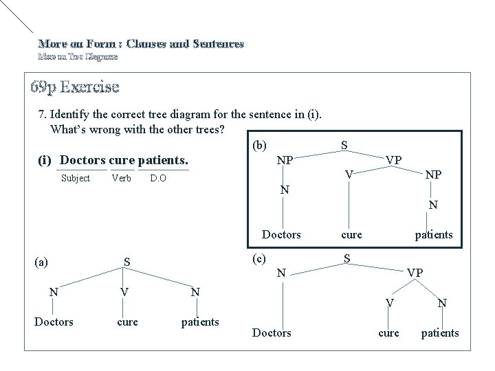 More on Form : Clauses and Sentences More on Tree Diagrams 69 p Exercise