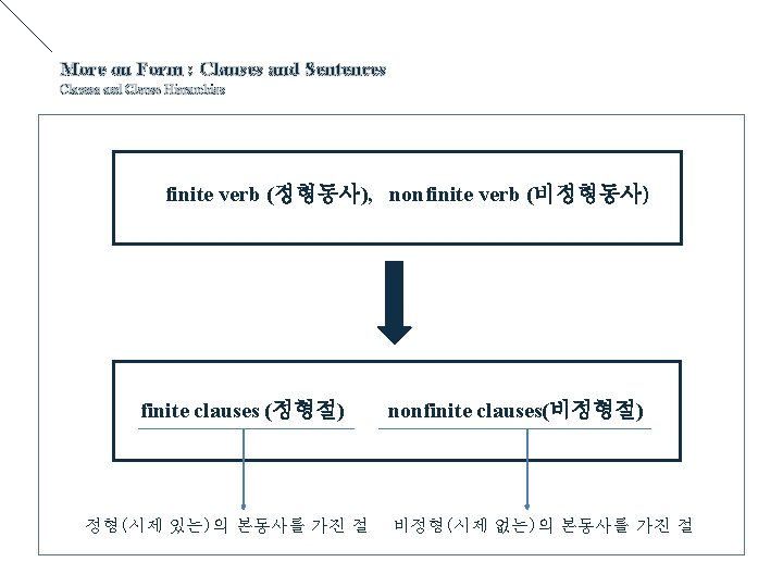 More on Form : Clauses and Sentences Clauses and Clause Hierarchies finite verb (정형동사),