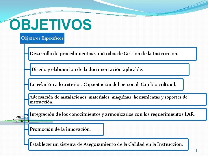 OBJETIVOS Objetivos Específicos Desarrollo de procedimientos y métodos de Gestión de la Instrucción. Diseño