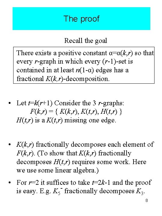 The proof Recall the goal There exists a positive constant α=α(k, r) so that