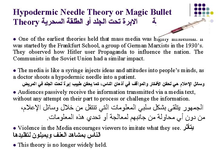 Hypodermic Needle Theory or Magic Bullet Theory ﺍﻻﺑﺮﺓ ﺗﺤﺖ ﺍﻟﺠﻠﺪ ﺃﻮ ﺍﻟﻄﻠﻘﺔ ﺍﻟﺴﺤﺮﻳﺔ ﻧﻈﺮﻳﺔ