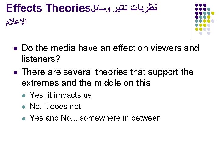 Effects Theories ﺗﺄﺜﻴﺮ ﻭﺳﺎﺋﻞ ﻧﻈﺮﻳﺎﺕ ﺍﻻﻋﻼﻡ l l Do the media have an effect