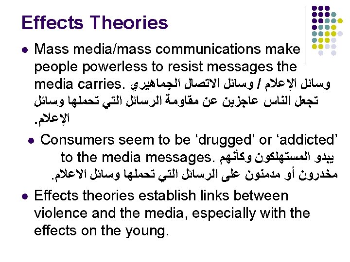 Effects Theories Mass media/mass communications make people powerless to resist messages the media carries.