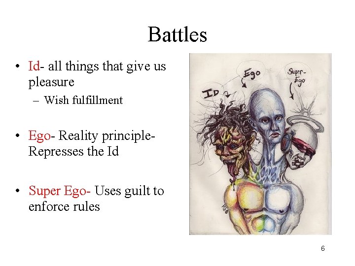 Battles • Id- all things that give us pleasure – Wish fulfillment • Ego-