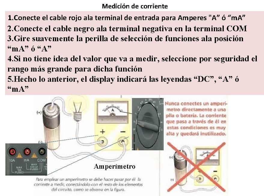 Medición de corriente 1. Conecte el cable rojo ala terminal de entrada para Amperes