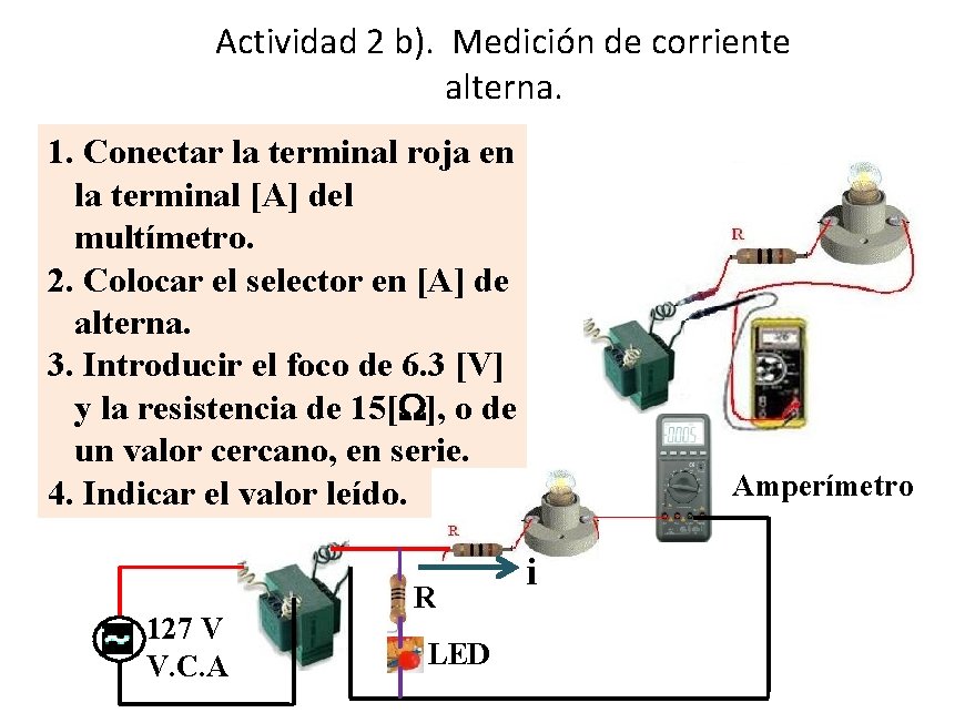 Actividad 2 b). Medición de corriente alterna. 1. Conectar la terminal roja en la