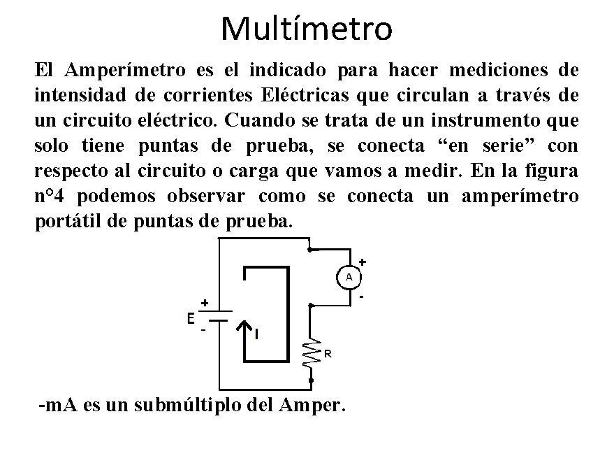 Multímetro El Amperímetro es el indicado para hacer mediciones de intensidad de corrientes Eléctricas