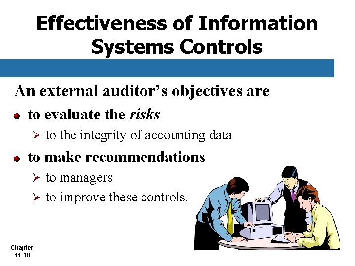 Effectiveness of Information Systems Controls An external auditor’s objectives are to evaluate the risks