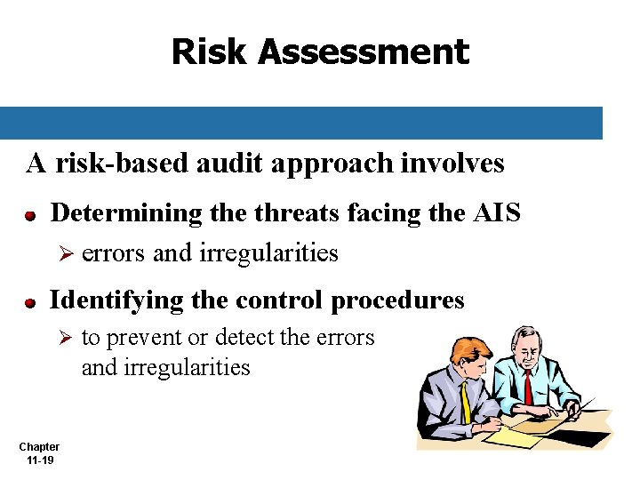 Risk Assessment A risk-based audit approach involves Determining the threats facing the AIS Ø