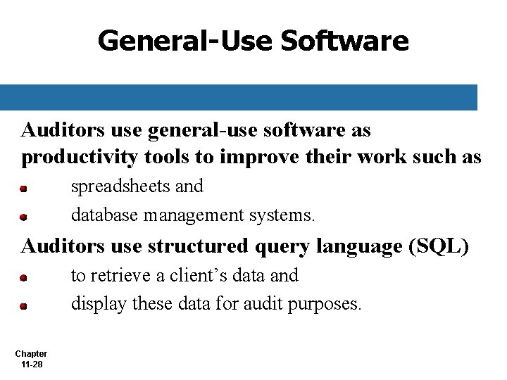 General-Use Software Auditors use general-use software as productivity tools to improve their work such