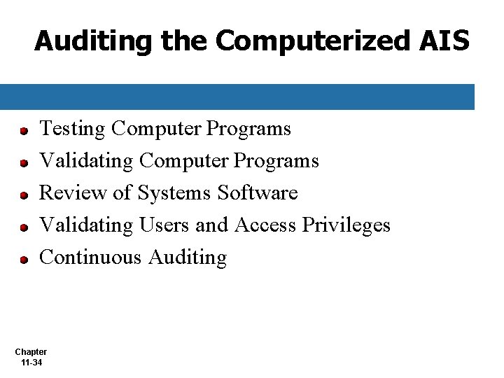 Auditing the Computerized AIS Testing Computer Programs Validating Computer Programs Review of Systems Software