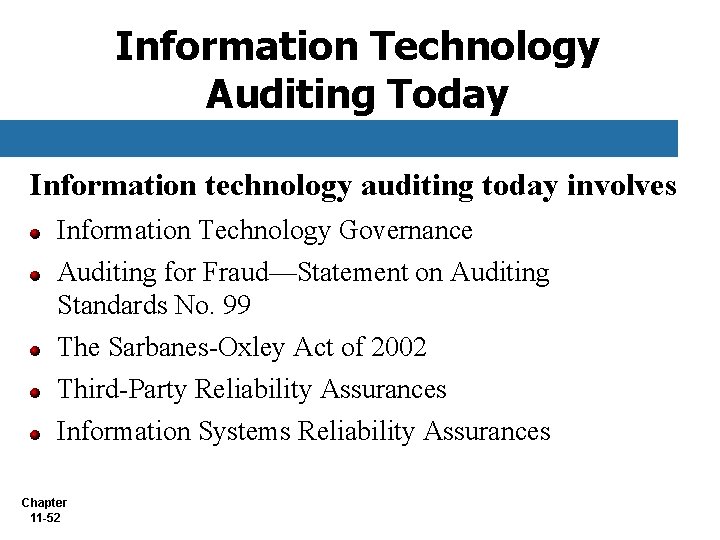 Information Technology Auditing Today Information technology auditing today involves Information Technology Governance Auditing for