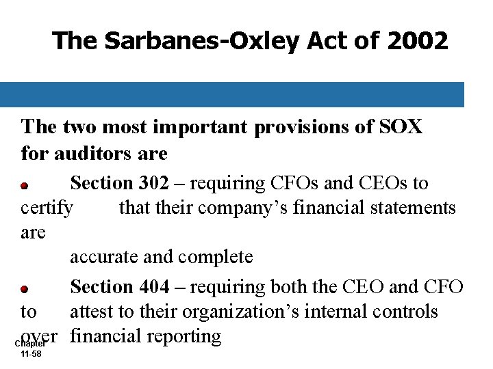 The Sarbanes-Oxley Act of 2002 The two most important provisions of SOX for auditors