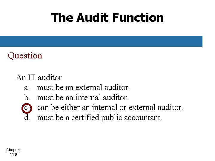 The Audit Function Question An IT auditor a. must be an external auditor. b.