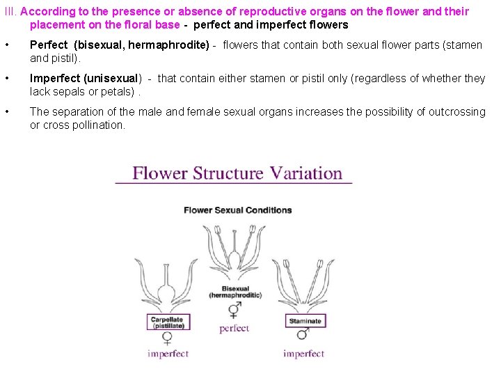 III. According to the presence or absence of reproductive organs on the flower and