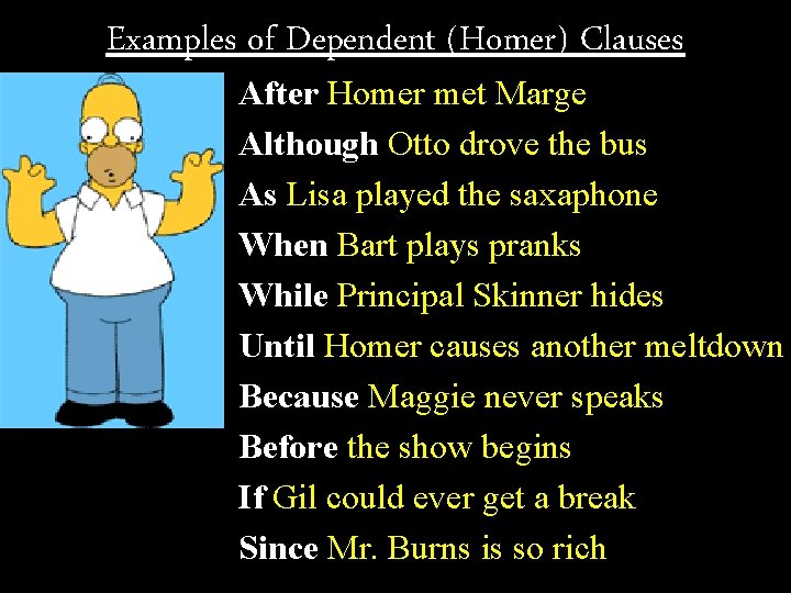 Examples of Dependent (Homer) Clauses After Homer met Marge Although Otto drove the bus