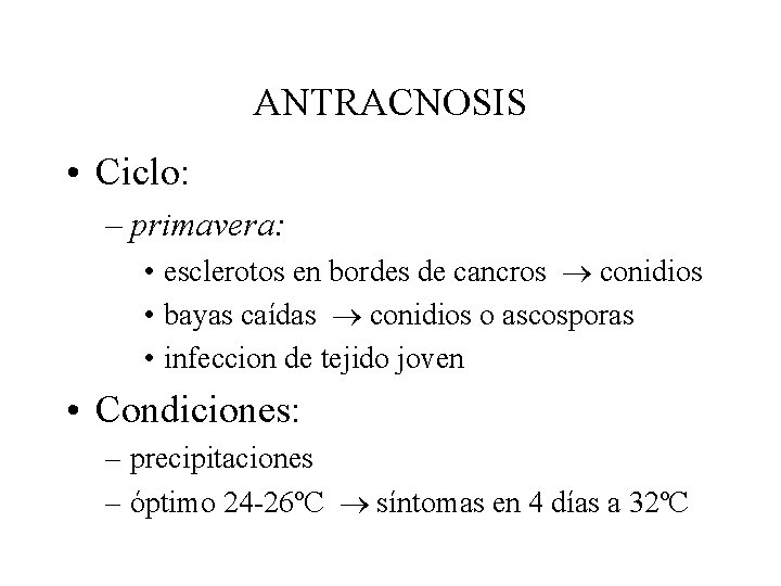 ANTRACNOSIS • Ciclo: – primavera: • esclerotos en bordes de cancros conidios • bayas