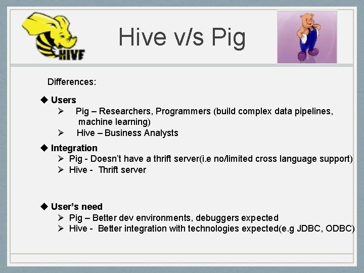 Hive v/s Pig Differences: u Users Ø Pig – Researchers, Programmers (build complex data