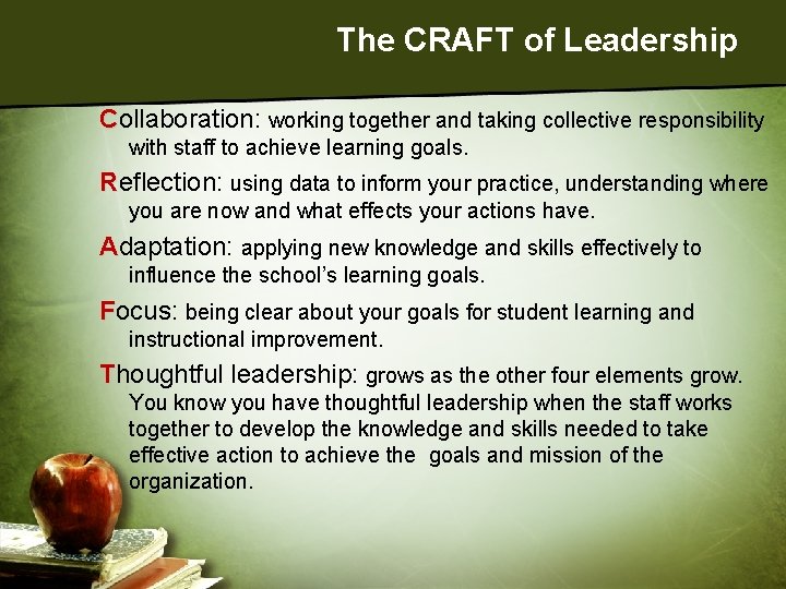 The CRAFT of Leadership Collaboration: working together and taking collective responsibility with staff to