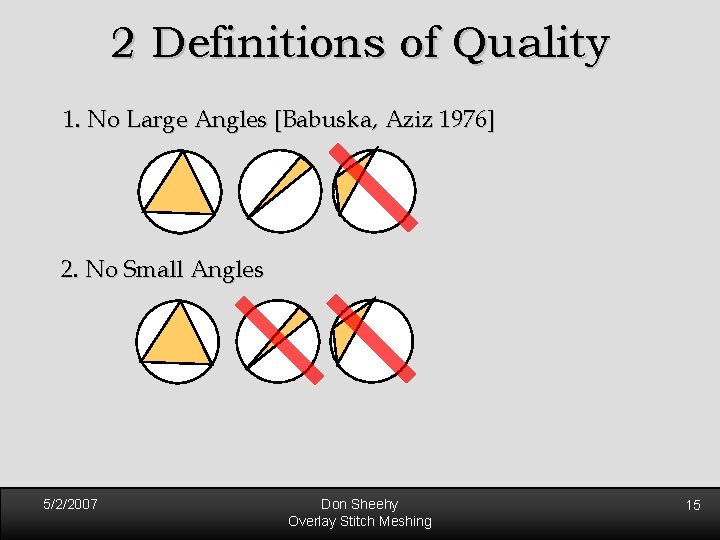 2 Definitions of Quality 1. No Large Angles [Babuska, Aziz 1976] 2. No Small