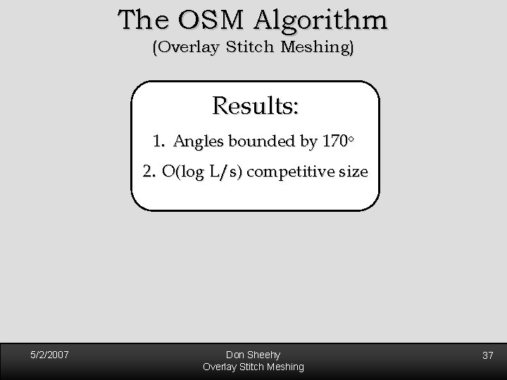 The OSM Algorithm (Overlay Stitch Meshing) Results: 1. Angles bounded by 170 o 2. The OSM Algorithm (Overlay Stitch Meshing) Results: 1. Angles bounded by 170 o 2.