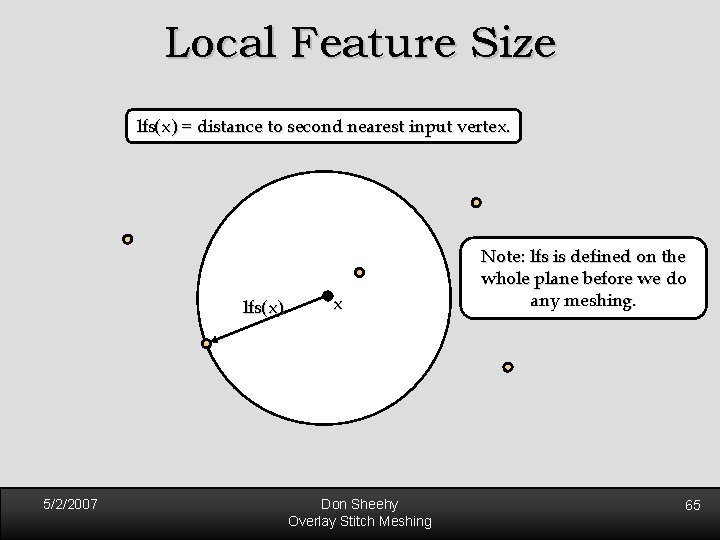 Local Feature Size lfs(x) = distance to second nearest input vertex. lfs(x) 5/2/2007 x Local Feature Size lfs(x) = distance to second nearest input vertex. lfs(x) 5/2/2007 x