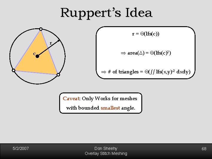 Ruppert’s Idea r = (lfs(c)) r c Þ area(D) = (lfs(c)2) Þ # of Ruppert’s Idea r = (lfs(c)) r c Þ area(D) = (lfs(c)2) Þ # of