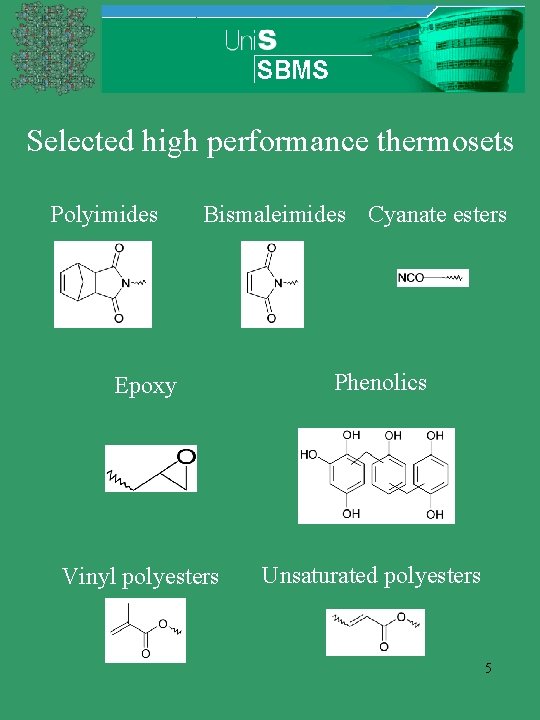 Selected high performance thermosets Polyimides Bismaleimides Cyanate esters Epoxy Vinyl polyesters Phenolics Unsaturated polyesters Selected high performance thermosets Polyimides Bismaleimides Cyanate esters Epoxy Vinyl polyesters Phenolics Unsaturated polyesters