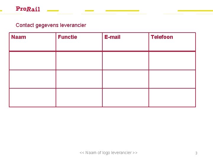 Contact gegevens leverancier Naam Functie E-mail << Naam of logo leverancier >> Telefoon 3