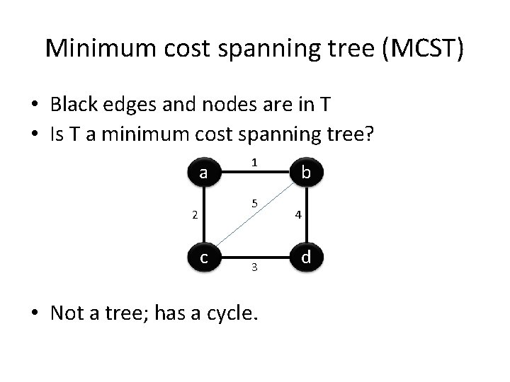 Minimum cost spanning tree (MCST) • Black edges and nodes are in T •