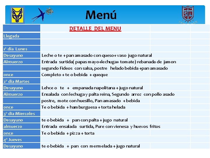 Menú Llegada 1º dia Lunes Desayuno Almuerzo once 2º dia Martes Desayuno Almuerzo once