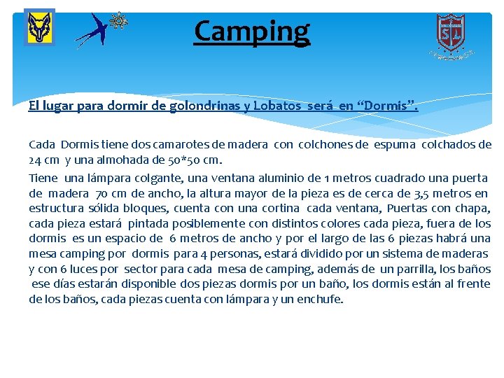 Camping El lugar para dormir de golondrinas y Lobatos será en “Dormis”. Cada Dormis