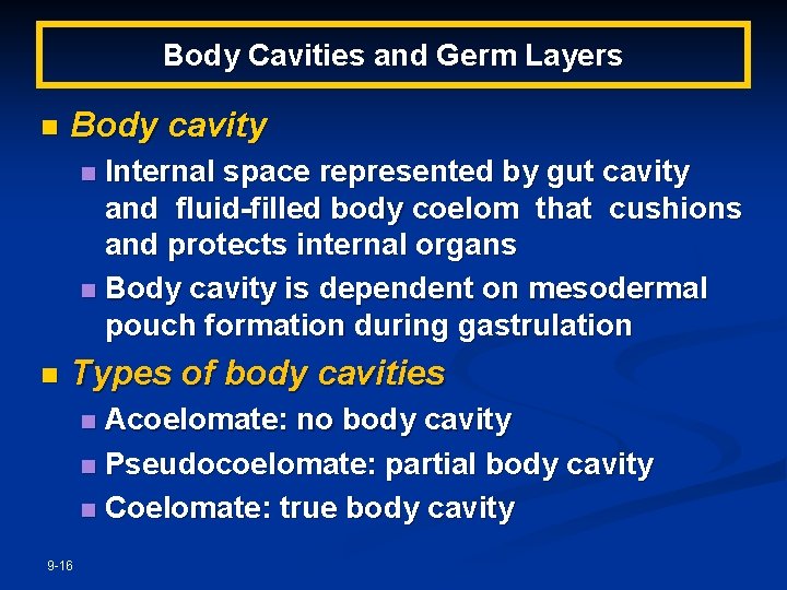 Body Cavities and Germ Layers n Body cavity Internal space represented by gut cavity