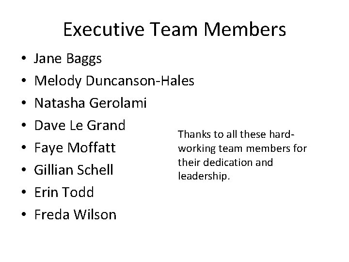 Executive Team Members • • Jane Baggs Melody Duncanson-Hales Natasha Gerolami Dave Le Grand